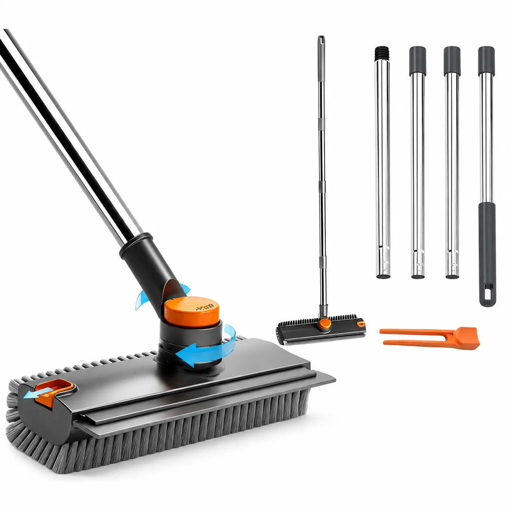 2-In-1 Long Handled Floor Cleaning Brush, Sweep & Scrub Combo with Ergonomic Handle, Heavy Duty Household Tool for Tile, Bathtub, Shower, Baseboard & Hard-To-Reach Corners, Thick Bristles Remove Stains, Grime and Mold Quickly