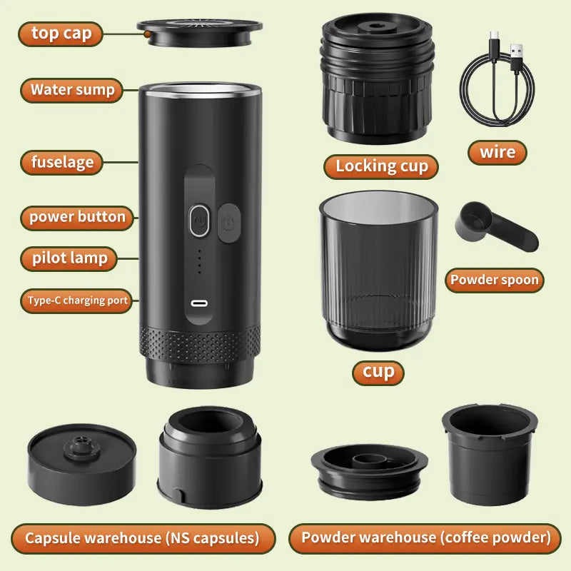 Italian Espresso Heated Coffee Machine, Wireless Portable Capsule Coffee Maker, Coffee Pod Machine, Type-C Charging, Ideal for Camping, Travel, Office, RV, Hiking, Coffee Making Tool, Espresso Machines