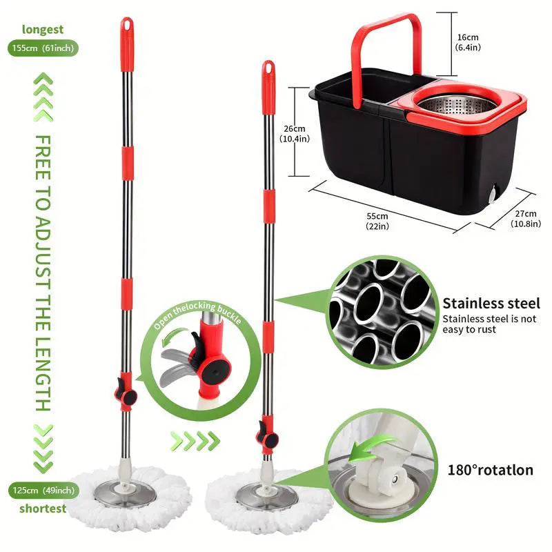 Mop and Bucket Set with 360° Rotatable Mop 3 Microfiber Heads 61/48-Inch Adjustable Handle Efficient Cleaning Supplies