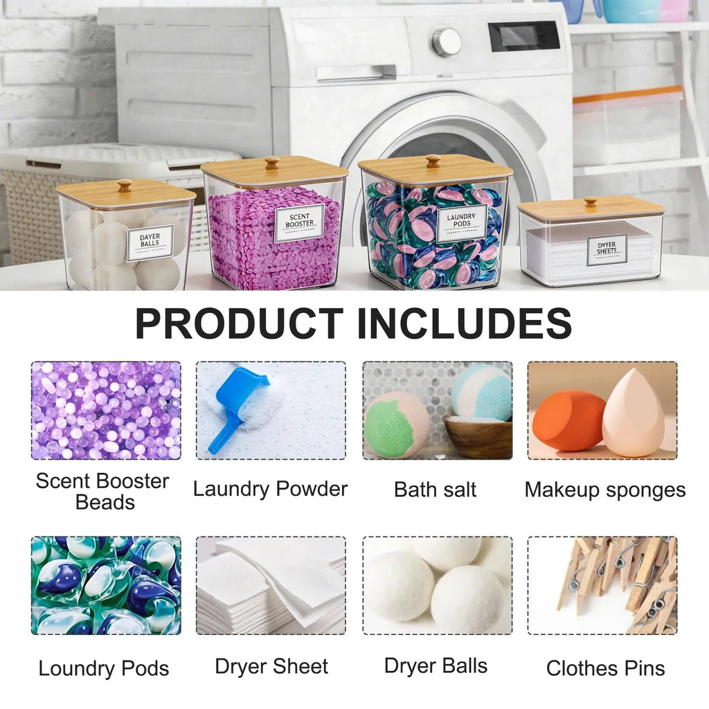 4+1 Pack Laundry Pods Storage Container, Clear Laundry Room Organization and Storage, Detergent Powder Container, with Wooden Lids & Labels
