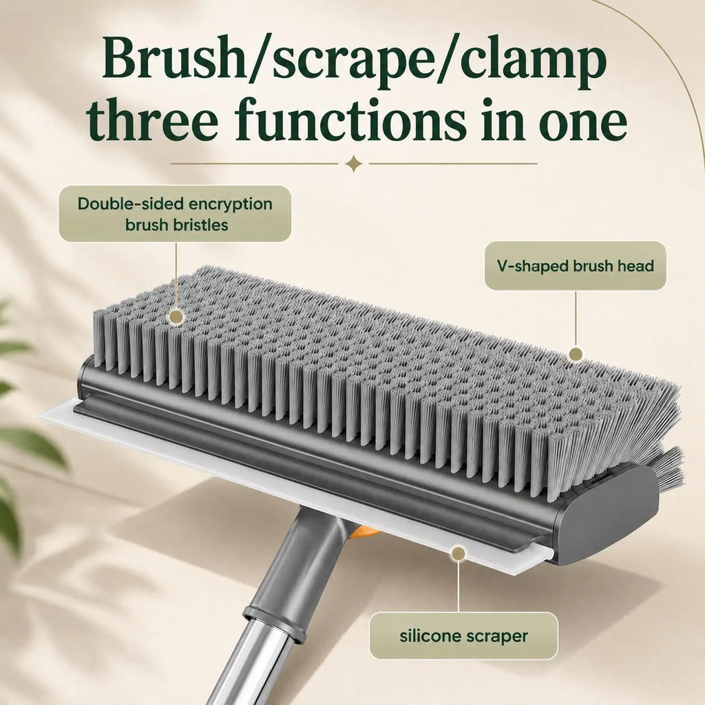2-In-1 Long Handled Floor Cleaning Brush, Sweep & Scrub Combo with Ergonomic Handle, Heavy Duty Household Tool for Tile, Bathtub, Shower, Baseboard & Hard-To-Reach Corners, Thick Bristles Remove Stains, Grime and Mold Quickly