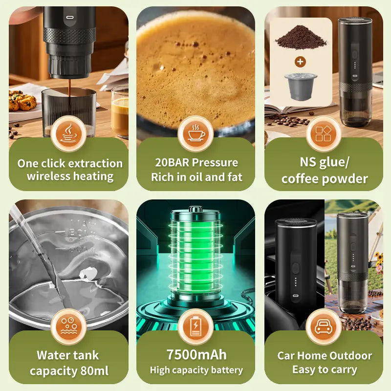 Italian Espresso Heated Coffee Machine, Wireless Portable Capsule Coffee Maker, Coffee Pod Machine, Type-C Charging, Ideal for Camping, Travel, Office, RV, Hiking, Coffee Making Tool, Espresso Machines