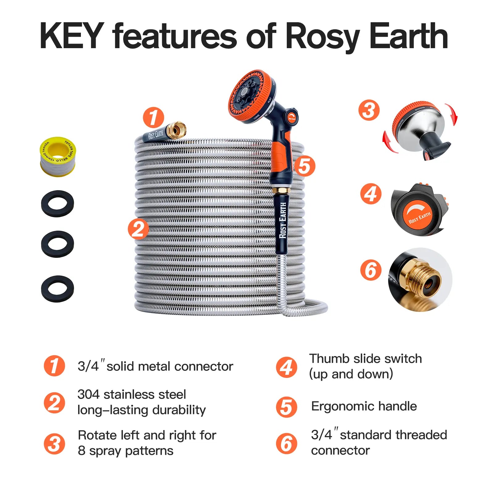 Rosy Earth Stainless Steel Garden Hose - 25/50/75/100Ft Length Options, No-Kink Flexible Tough Hose with Sprayer for Home Improvement Watering & Irrigation