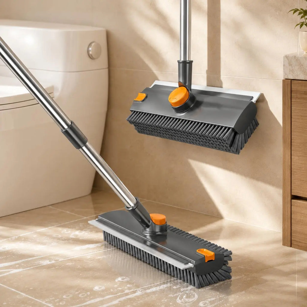 2-In-1 Long Handled Floor Cleaning Brush, Sweep & Scrub Combo with Ergonomic Handle, Heavy Duty Household Tool for Tile, Bathtub, Shower, Baseboard & Hard-To-Reach Corners, Thick Bristles Remove Stains, Grime and Mold Quickly