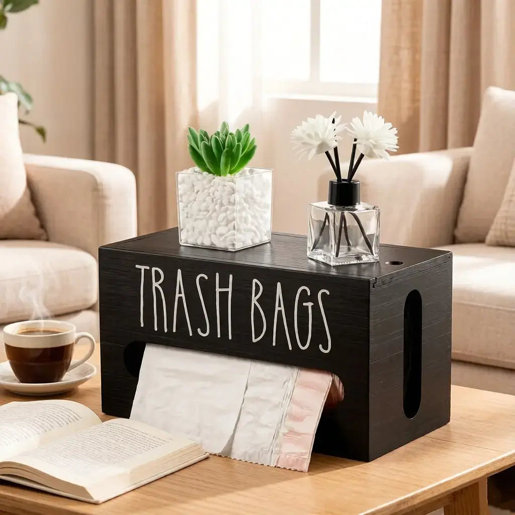 2 in 1 Wooden Plastic Grocery Bag Holder Dispenser, Wall Mount Extra Large Storage Organizer, Space Saving Kitchen & Bathroom Trash Bag Container