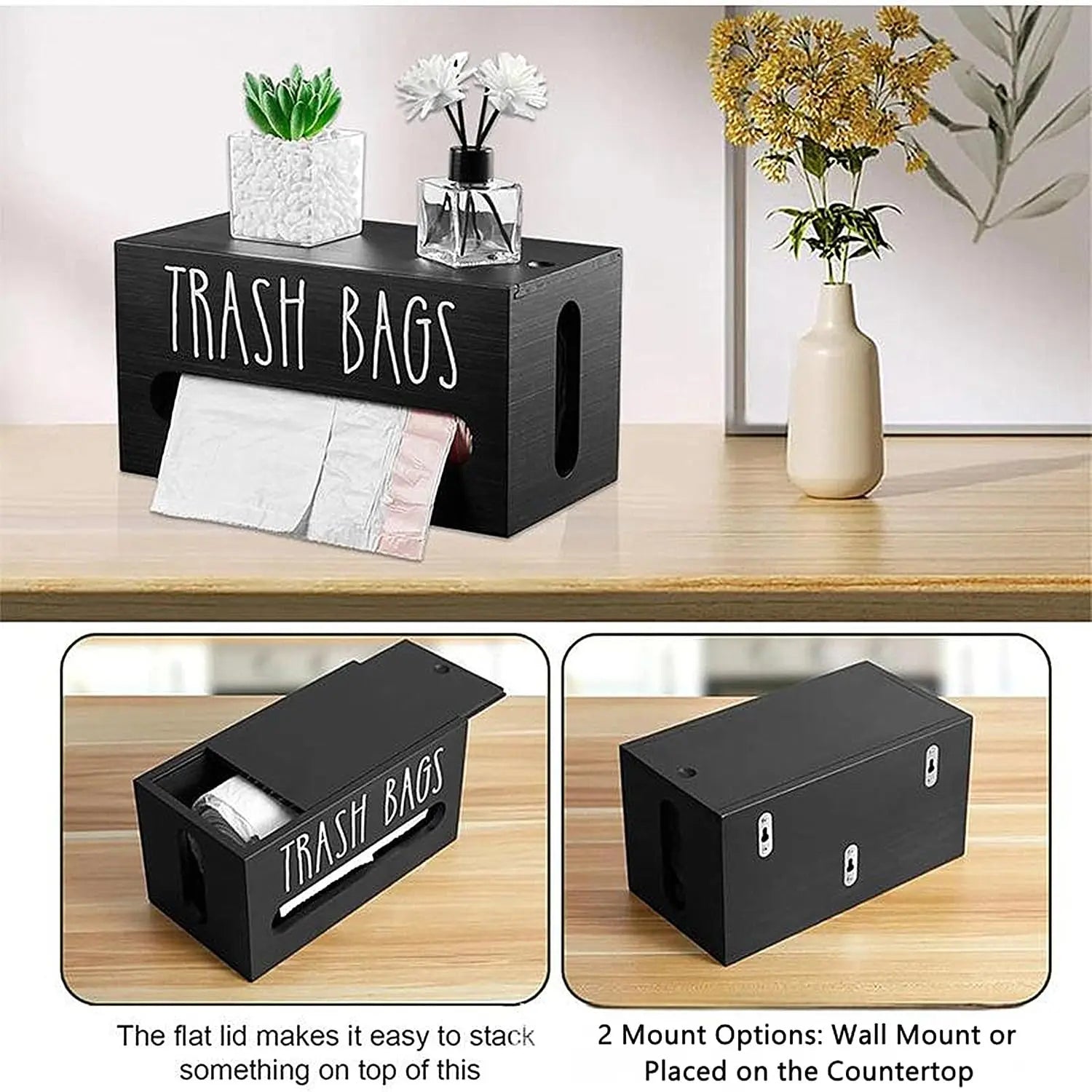 2 in 1 Wooden Plastic Grocery Bag Holder Dispenser, Wall Mount Extra Large Storage Organizer, Space Saving Kitchen & Bathroom Trash Bag Container