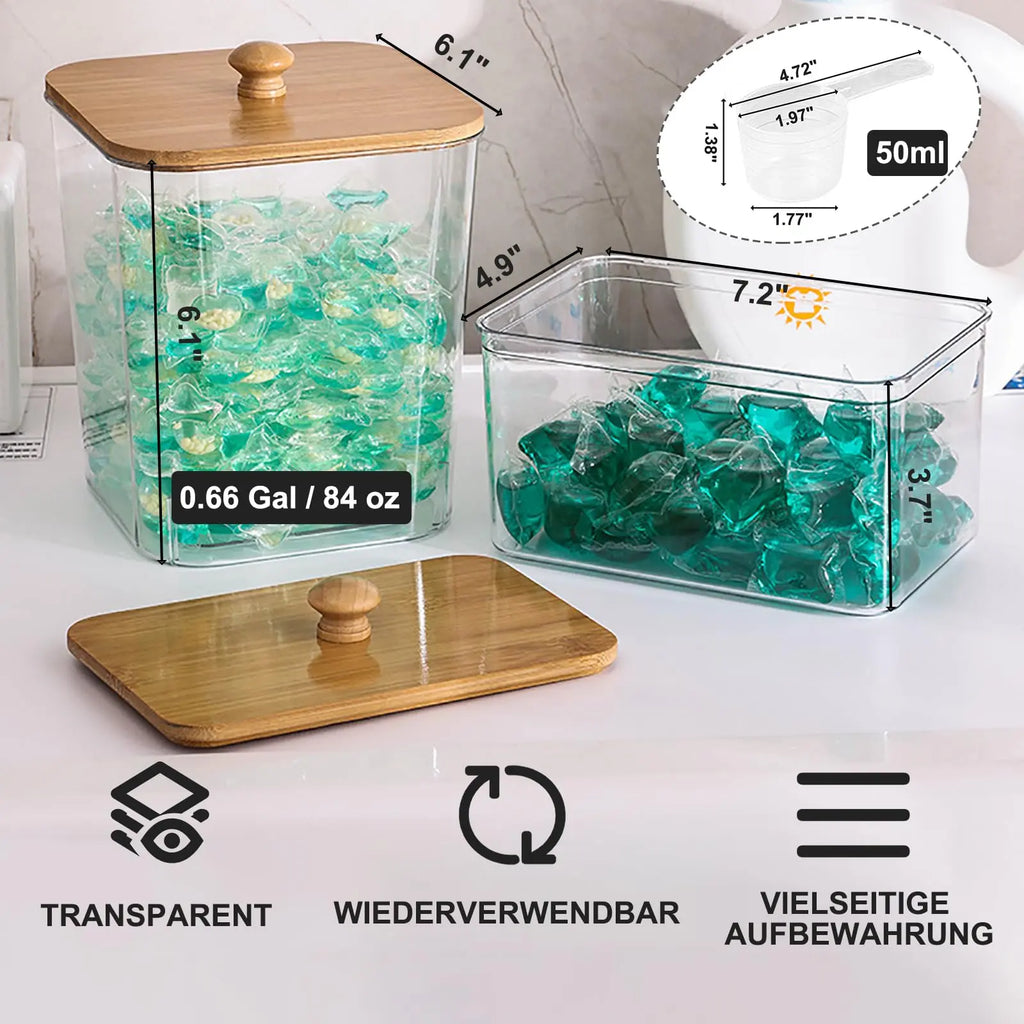 4+1 Pack Laundry Pods Storage Container, Clear Laundry Room Organization and Storage, Detergent Powder Container, with Wooden Lids & Labels