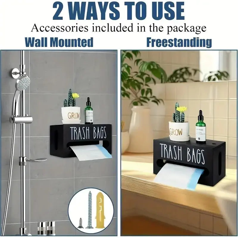 2 in 1 Wooden Plastic Grocery Bag Holder Dispenser, Wall Mount Extra Large Storage Organizer, Space Saving Kitchen & Bathroom Trash Bag Container