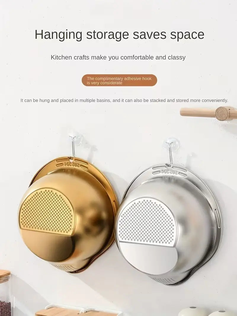 Stainless Steel Rice-Washing Drain Basket, 1 Count Multifunctional Kitchen Gadgets Kitchen Strainer for Washing Fruit Rice and Vegetables, Storage and Organization for Home Dining and Picnic, Kitchen Utensil