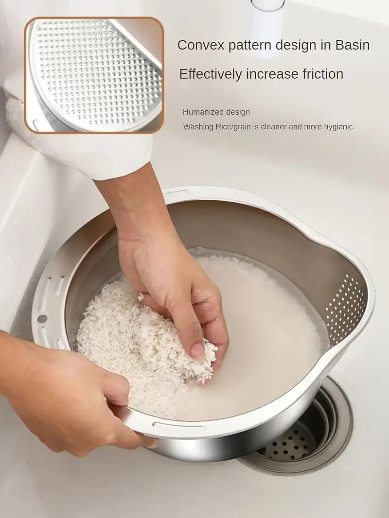 Stainless Steel Rice-Washing Drain Basket, 1 Count Multifunctional Kitchen Gadgets Kitchen Strainer for Washing Fruit Rice and Vegetables, Storage and Organization for Home Dining and Picnic, Kitchen Utensil