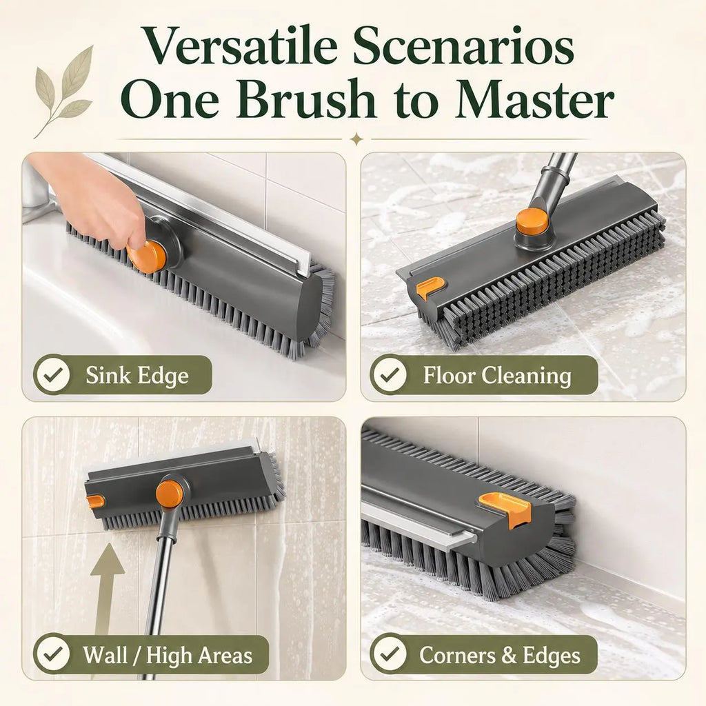 2-In-1 Long Handled Floor Cleaning Brush, Sweep & Scrub Combo with Ergonomic Handle, Heavy Duty Household Tool for Tile, Bathtub, Shower, Baseboard & Hard-To-Reach Corners, Thick Bristles Remove Stains, Grime and Mold Quickly
