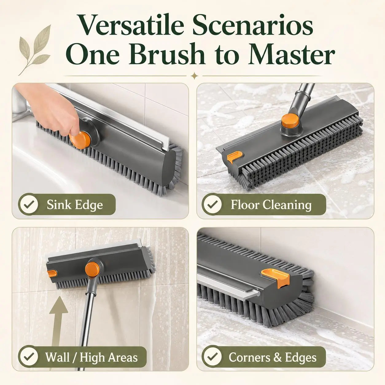 2-In-1 Long Handled Floor Cleaning Brush, Sweep & Scrub Combo with Ergonomic Handle, Heavy Duty Household Tool for Tile, Bathtub, Shower, Baseboard & Hard-To-Reach Corners, Thick Bristles Remove Stains, Grime and Mold Quickly