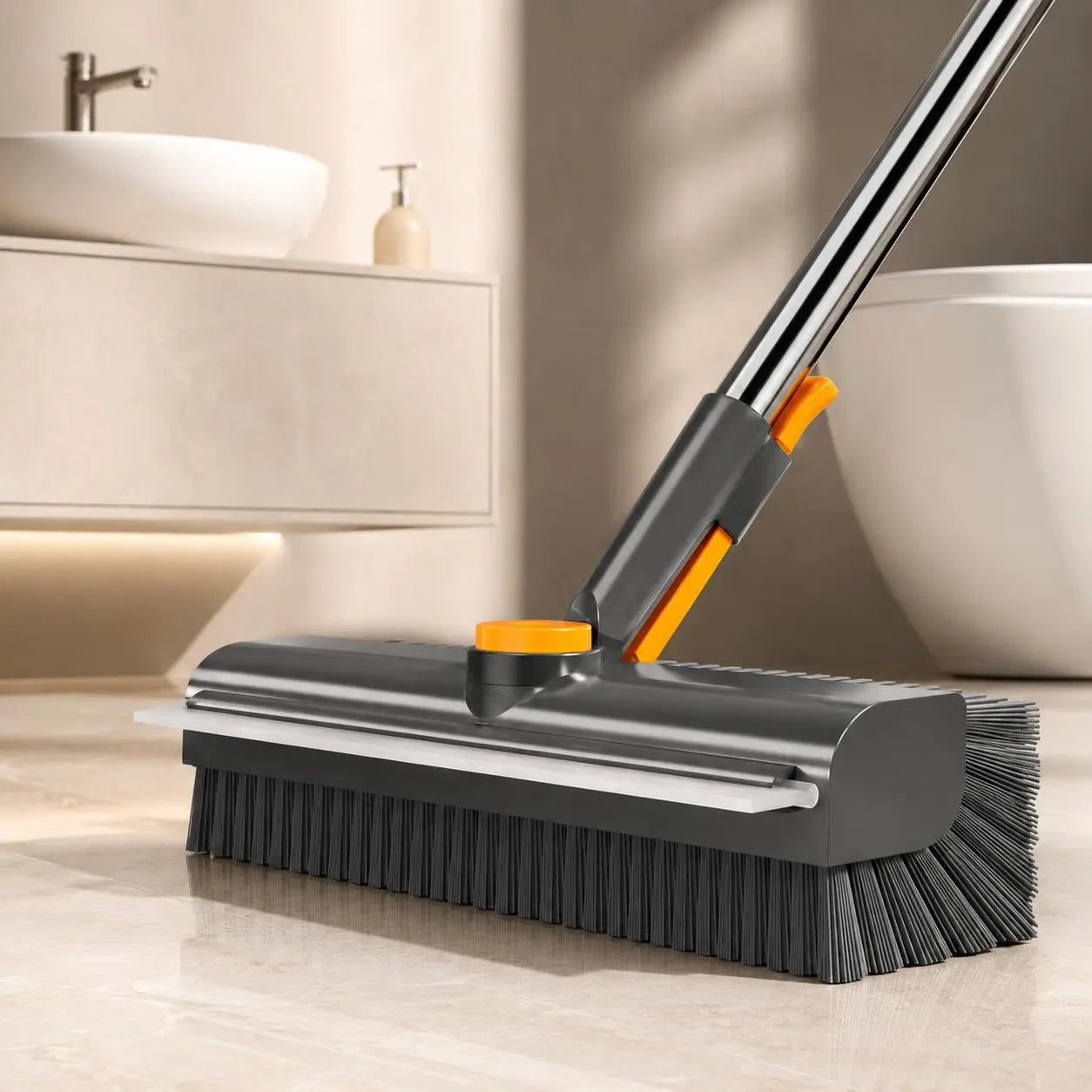 2-In-1 Long Handled Floor Cleaning Brush, Sweep & Scrub Combo with Ergonomic Handle, Heavy Duty Household Tool for Tile, Bathtub, Shower, Baseboard & Hard-To-Reach Corners, Thick Bristles Remove Stains, Grime and Mold Quickly