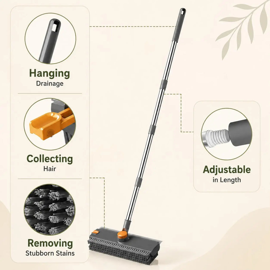 2-In-1 Long Handled Floor Cleaning Brush, Sweep & Scrub Combo with Ergonomic Handle, Heavy Duty Household Tool for Tile, Bathtub, Shower, Baseboard & Hard-To-Reach Corners, Thick Bristles Remove Stains, Grime and Mold Quickly